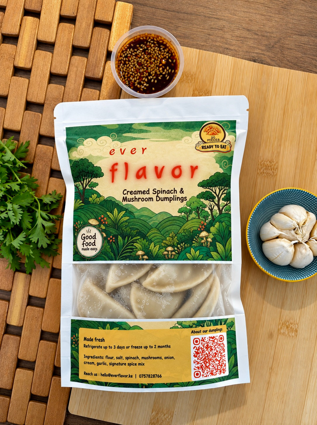 Ready-to-Eat Creamed Spinach & Mushroom Dumplings (20 Pieces) + FREE Sauce